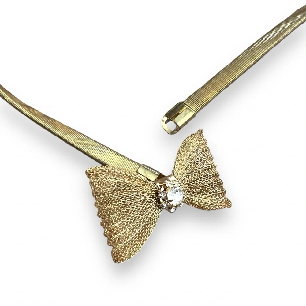 Vintage Gold & Rhinestone Bow Stretchy Metal Skinny Belt